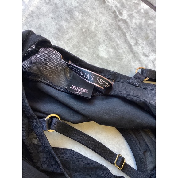 Victoria's Secret Black Mesh Panel Strappy Back Bodysuit L Large Gold Hardware - Picture 6 of 9